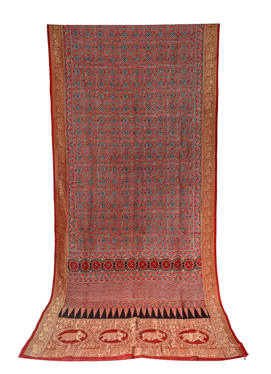 Ajrakh Dola Silk Natural Dye Hand Block Print Saree With Full nakshi Border & Pallu - With Blouse Piece - 5.5 Mtr Length    -  SKU : KK22701A