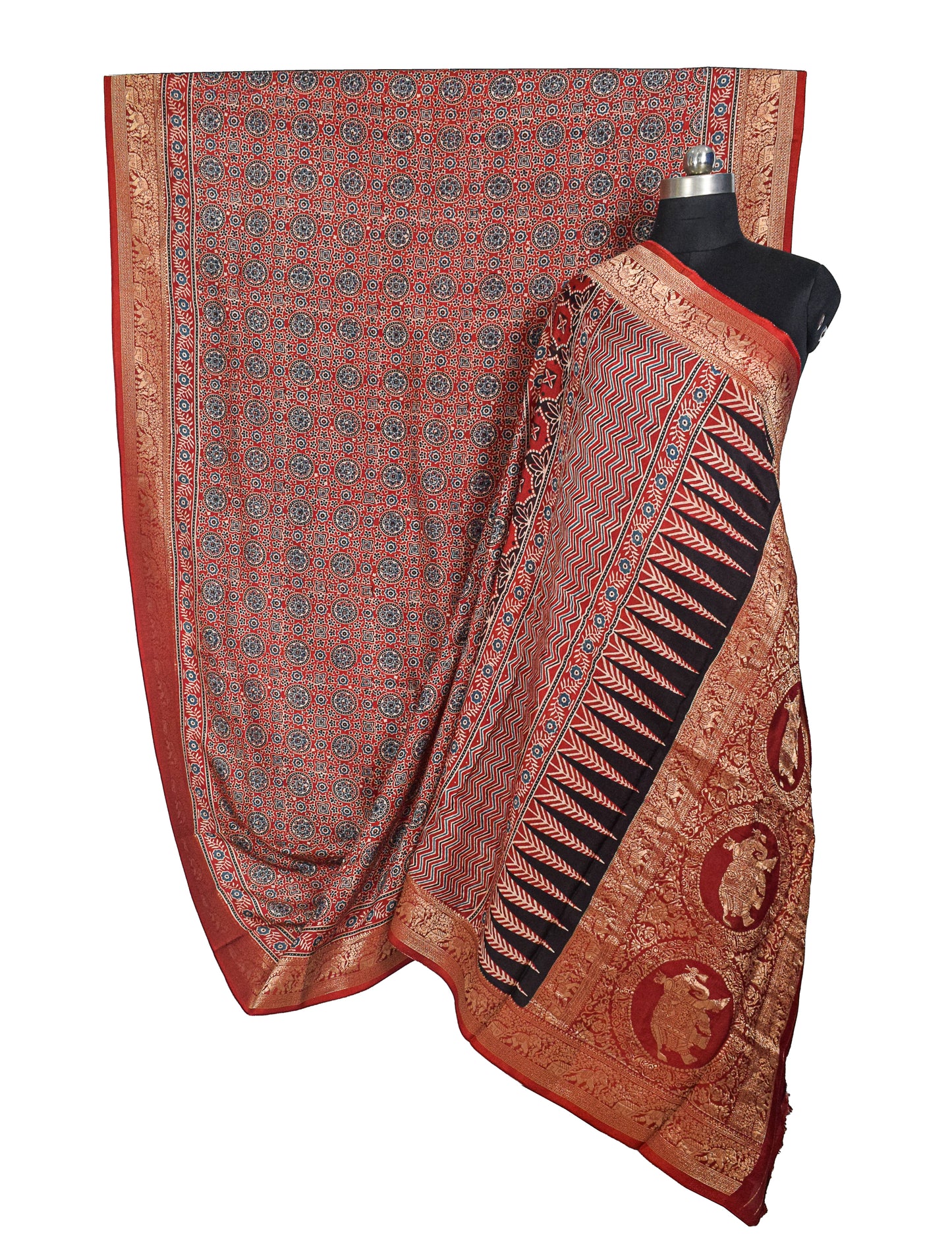 Ajrakh Dola Silk Natural Dye Hand Block Print Saree With Full nakshi Border & Pallu - With Blouse Piece - 5.5 Mtr Length    -  SKU : KK22701A