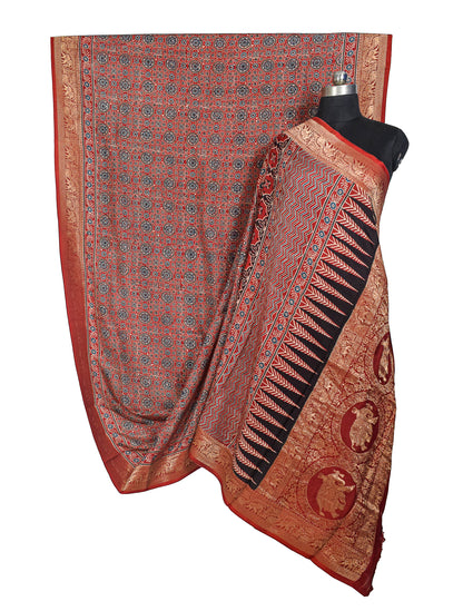 Ajrakh Dola Silk Natural Dye Hand Block Print Saree With Full nakshi Border & Pallu - With Blouse Piece - 5.5 Mtr Length    -  SKU : KK22701A