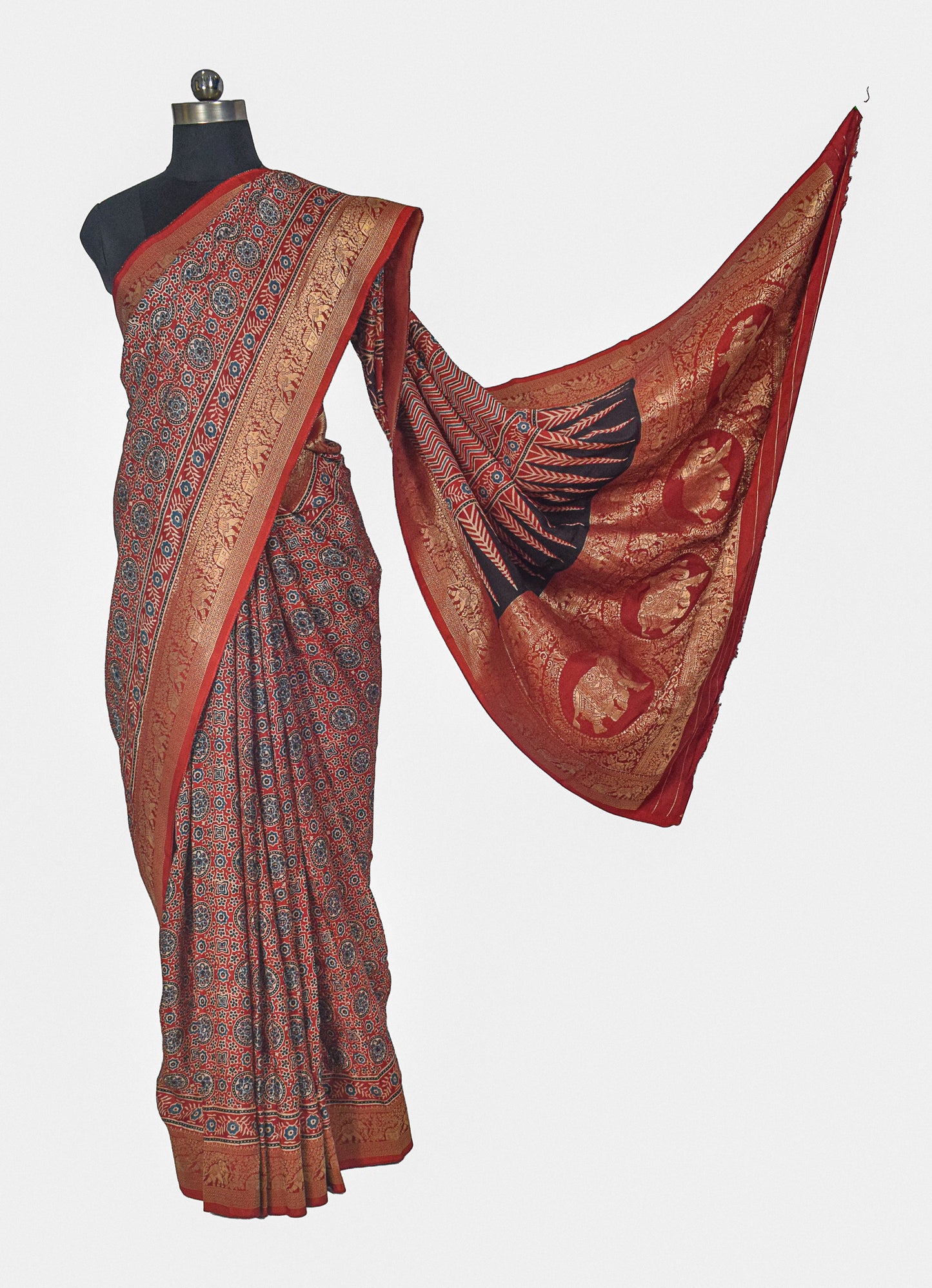 Ajrakh Dola Silk Natural Dye Hand Block Print Saree With Full nakshi Border & Pallu - With Blouse Piece - 5.5 Mtr Length    -  SKU : KK22701A