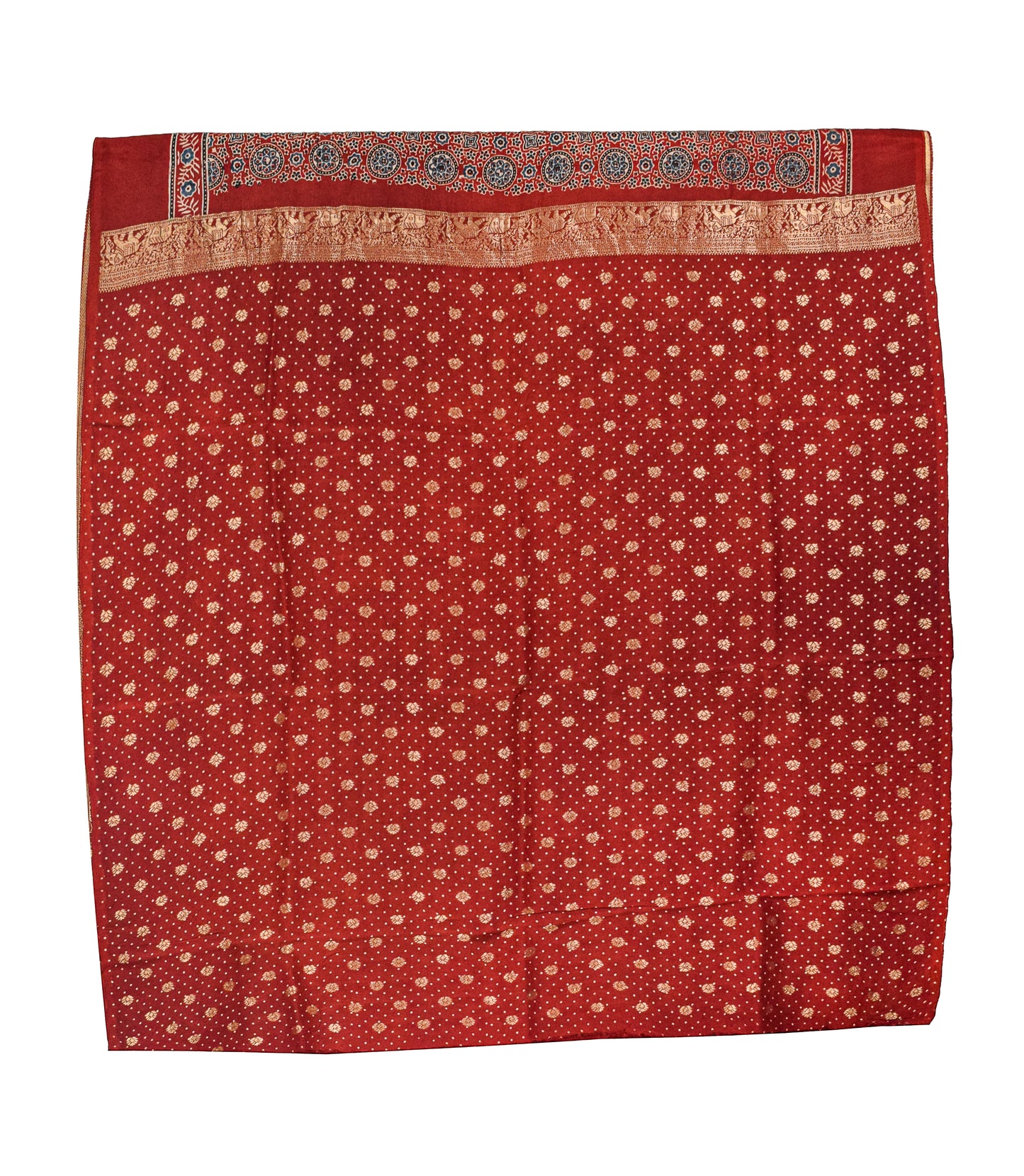 Ajrakh Dola Silk Natural Dye Hand Block Print Saree With Full nakshi Border & Pallu - With Blouse Piece - 5.5 Mtr Length    -  SKU : KK22701A