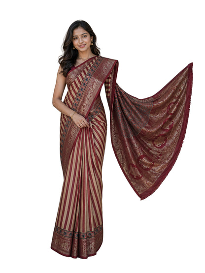 Ajrakh Dola Silk Natural Dye Hand Block Print Saree With Full nakshi Border & Pallu - With Blouse Piece - 5.5 Mtr Length    -  SKU : KK30401A