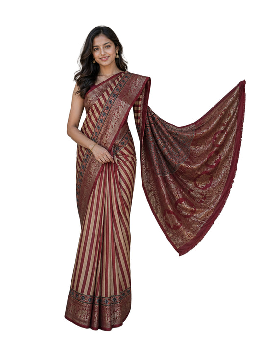 Ajrakh Dola Silk Natural Dye Hand Block Print Saree With Full nakshi Border & Pallu - With Blouse Piece - 5.5 Mtr Length    -  SKU : KK30401A