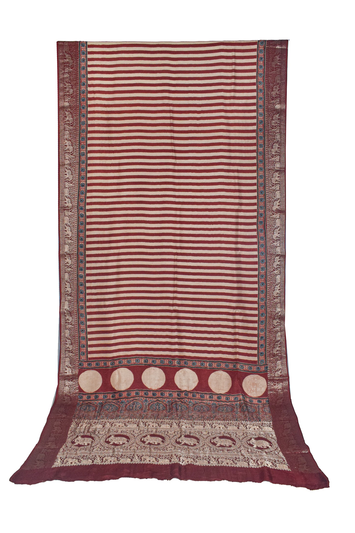 Ajrakh Dola Silk Natural Dye Hand Block Print Saree With Full nakshi Border & Pallu - With Blouse Piece - 5.5 Mtr Length    -  SKU : KK30401A