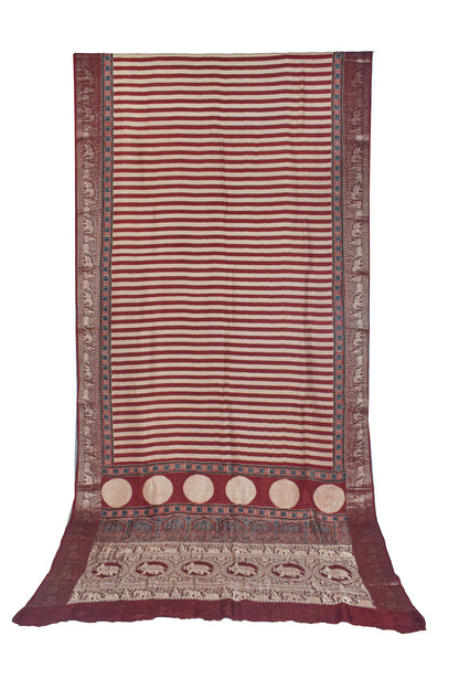 Ajrakh Dola Silk Natural Dye Hand Block Print Saree With Full nakshi Border & Pallu - With Blouse Piece - 5.5 Mtr Length    -  SKU : KK30401A