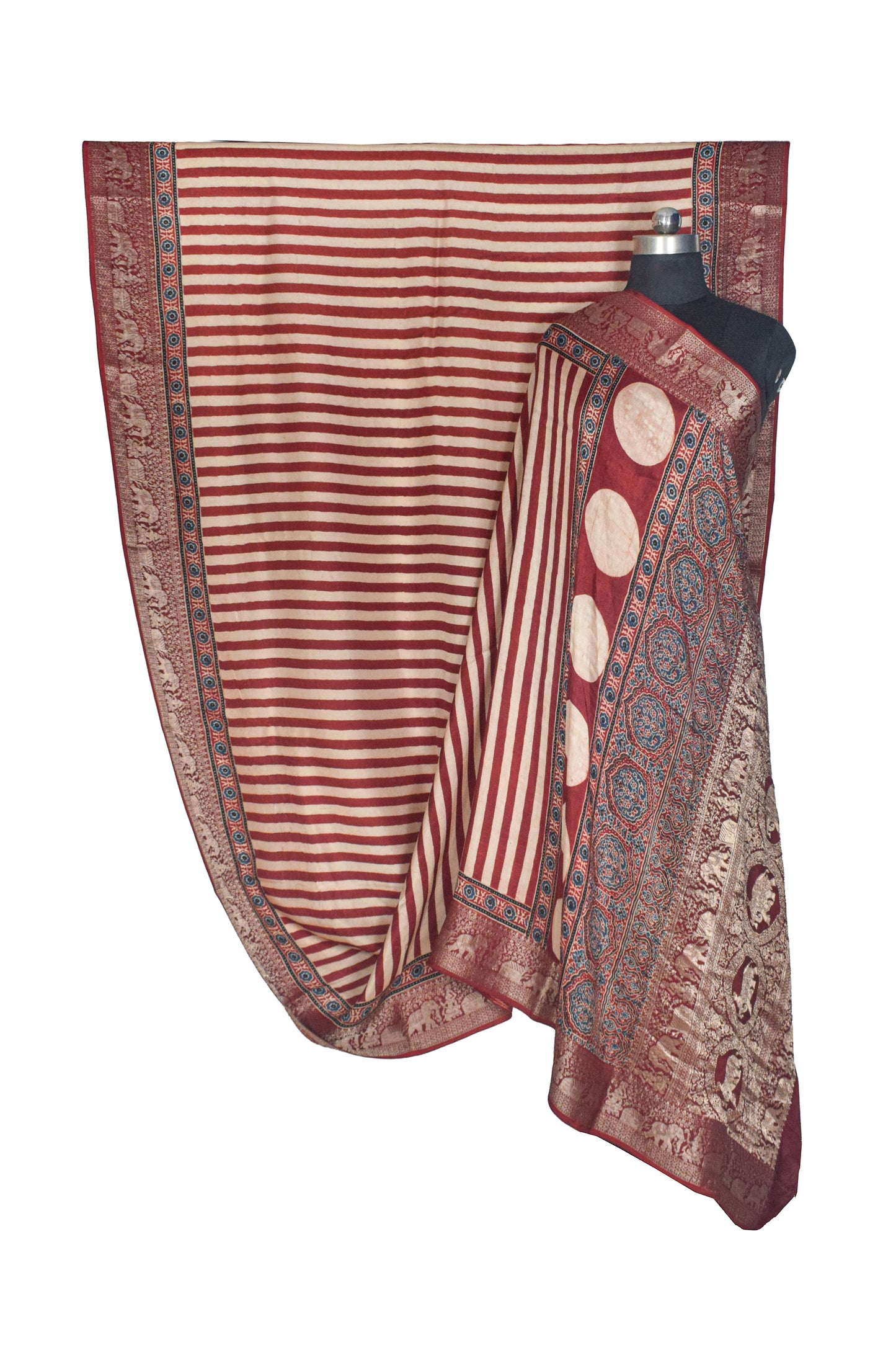 Ajrakh Dola Silk Natural Dye Hand Block Print Saree With Full nakshi Border & Pallu - With Blouse Piece - 5.5 Mtr Length    -  SKU : KK30401A