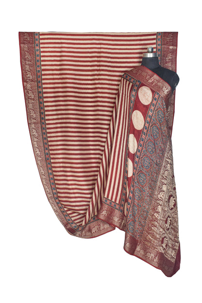 Ajrakh Dola Silk Natural Dye Hand Block Print Saree With Full nakshi Border & Pallu - With Blouse Piece - 5.5 Mtr Length    -  SKU : KK30401A