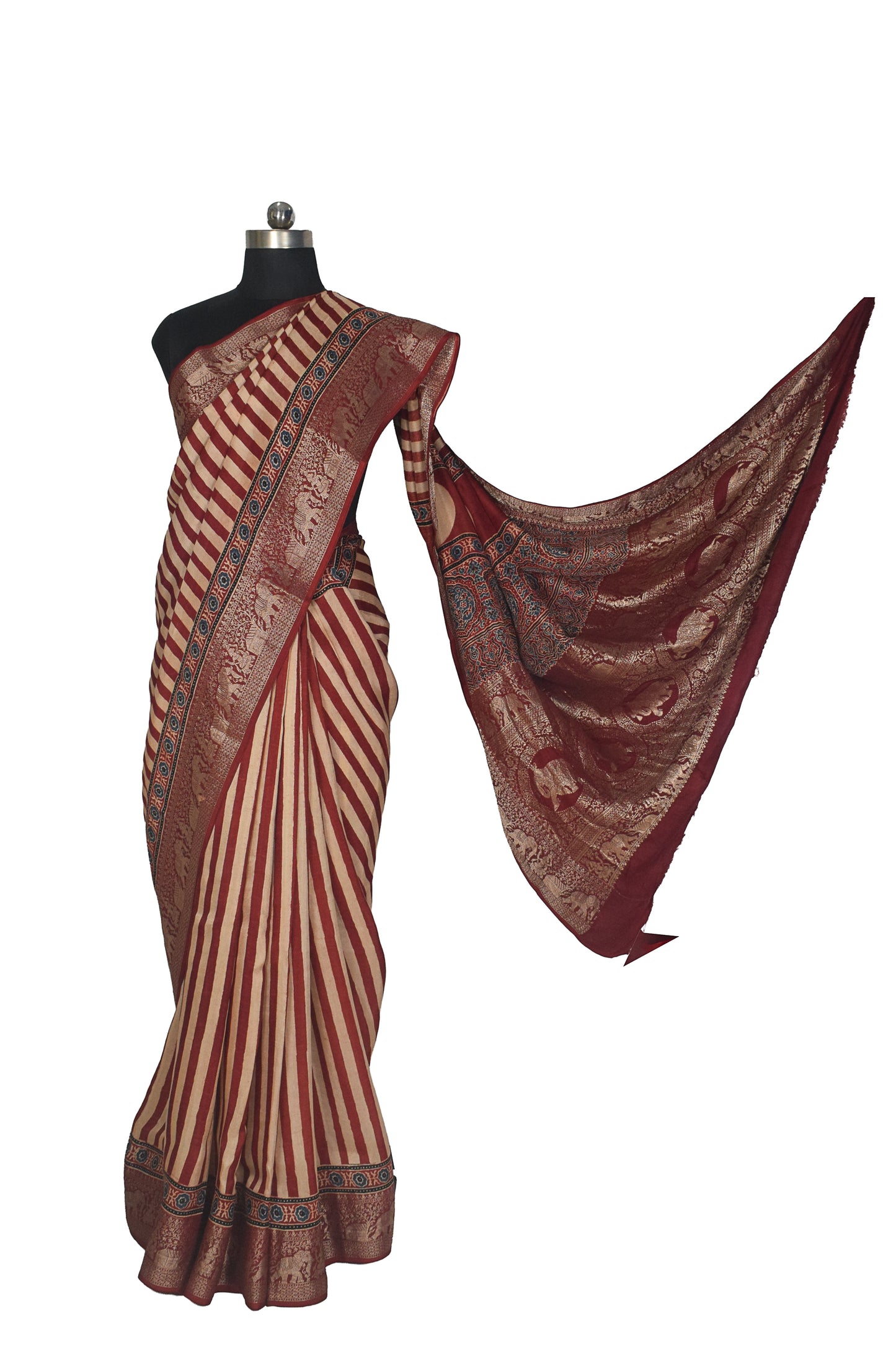 Ajrakh Dola Silk Natural Dye Hand Block Print Saree With Full nakshi Border & Pallu - With Blouse Piece - 5.5 Mtr Length    -  SKU : KK30401A