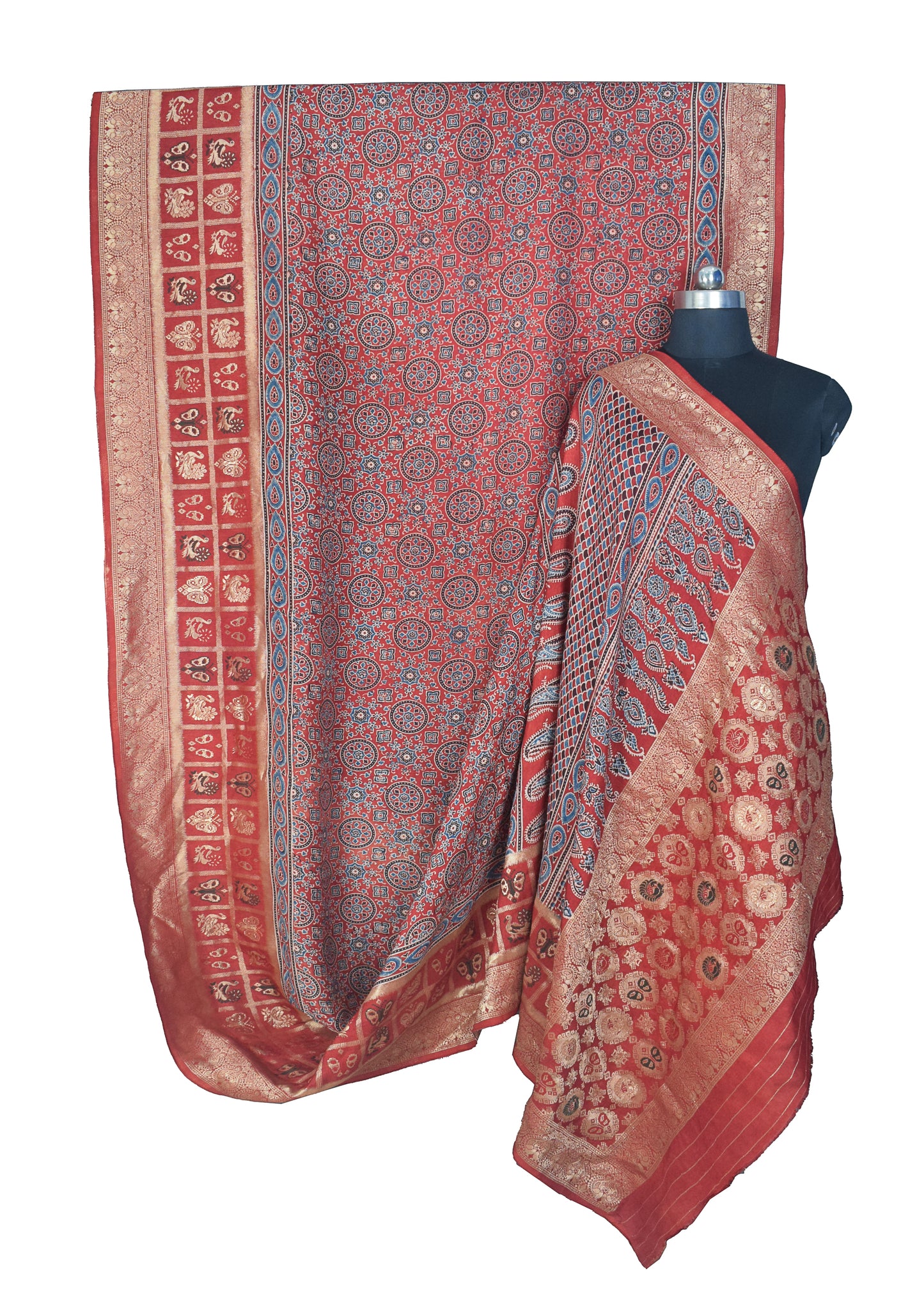 Ajrakh Dola Silk Natural Dye Hand Block Print Saree With Full nakshi Border & Pallu - 5.5 Mtr Length + 0.85 Mtr Blouse Piece    -  SKU : KK23A01A