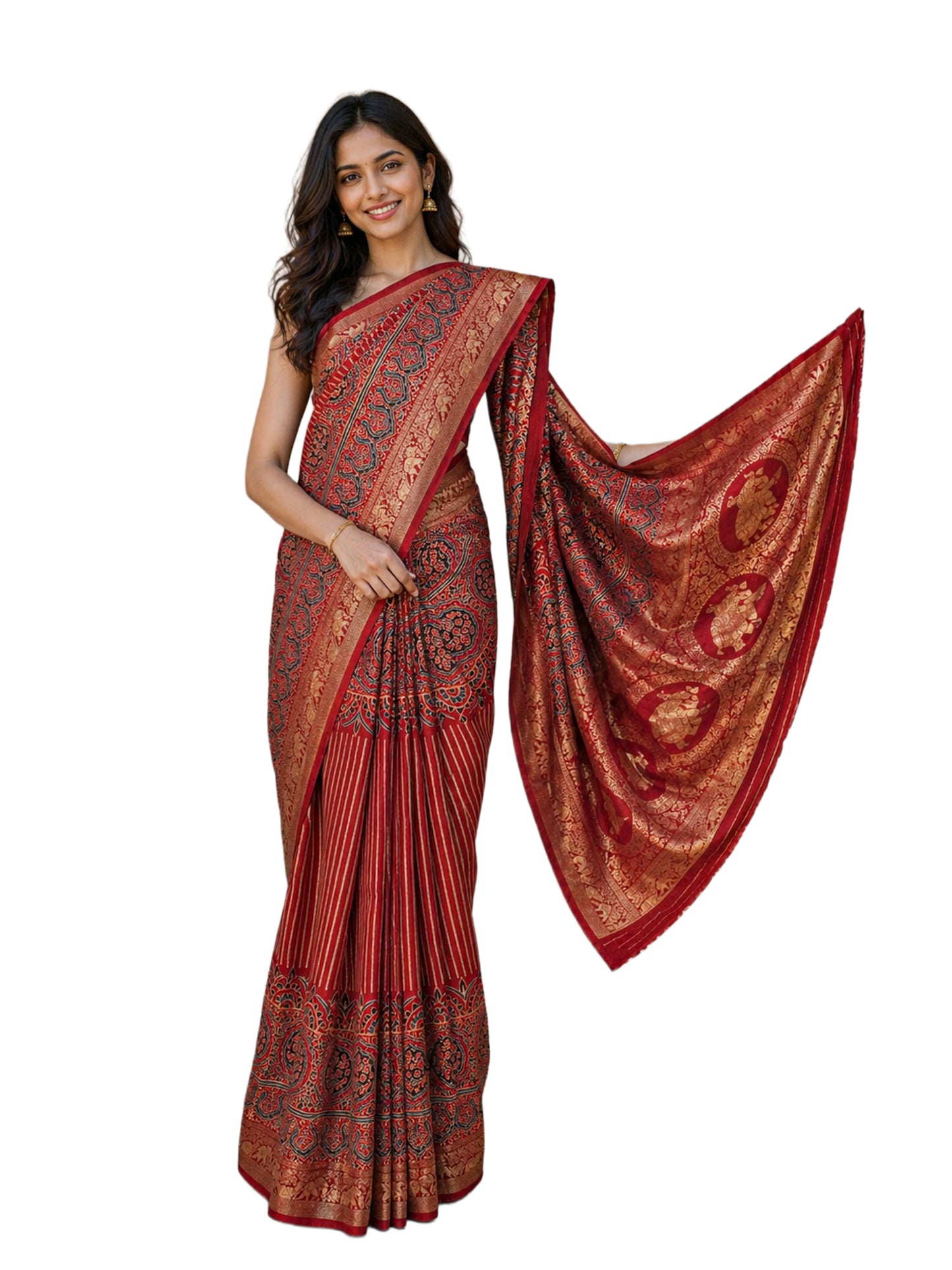 Ajrakh Dola Silk Natural Dye Hand Block Print Saree With Full nakshi Border & Pallu - With Blouse Piece - 5.5 Mtr Length    -  SKU : KK28801A
