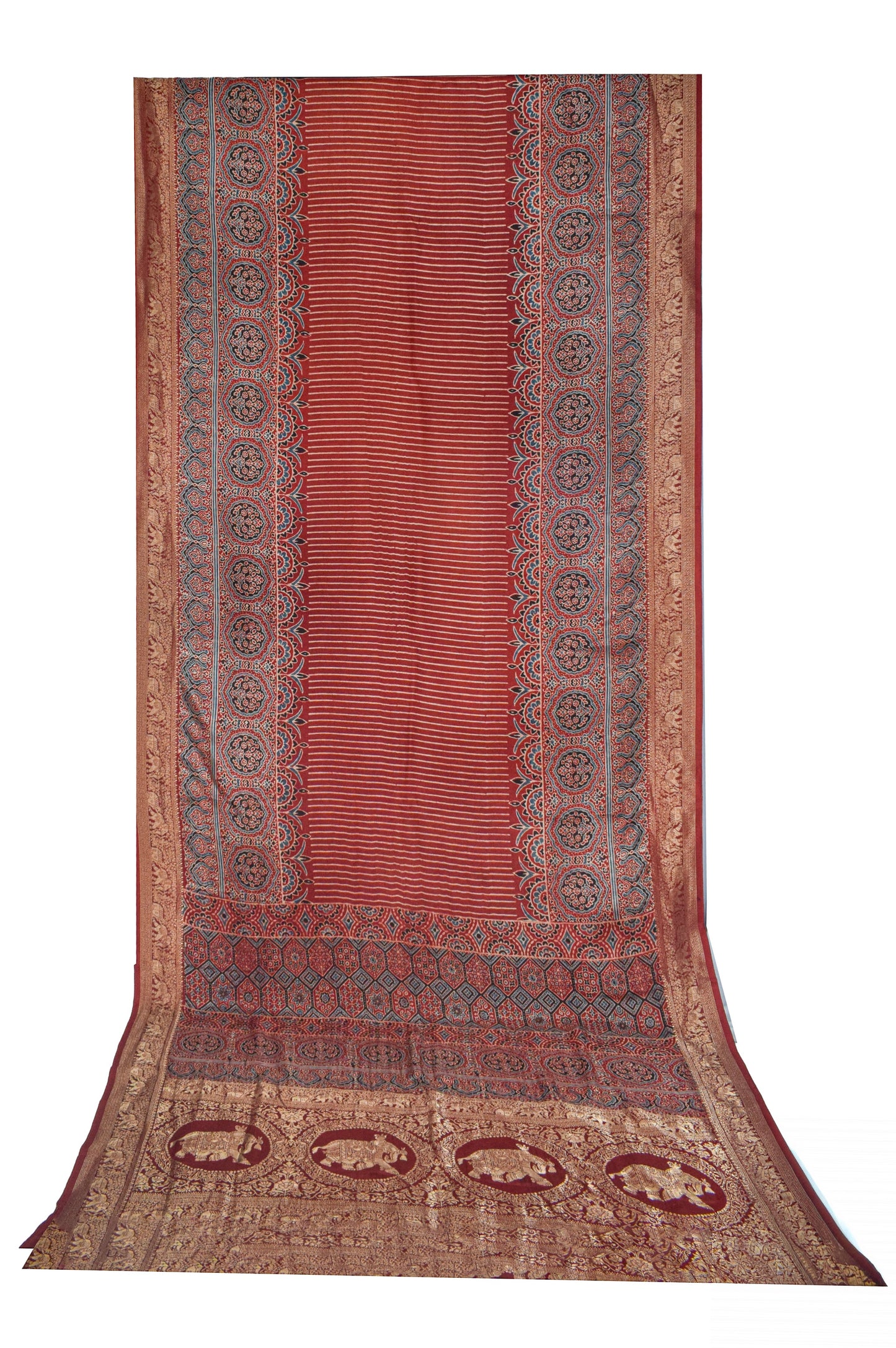 Ajrakh Dola Silk Natural Dye Hand Block Print Saree With Full nakshi Border & Pallu - With Blouse Piece - 5.5 Mtr Length    -  SKU : KK28801A