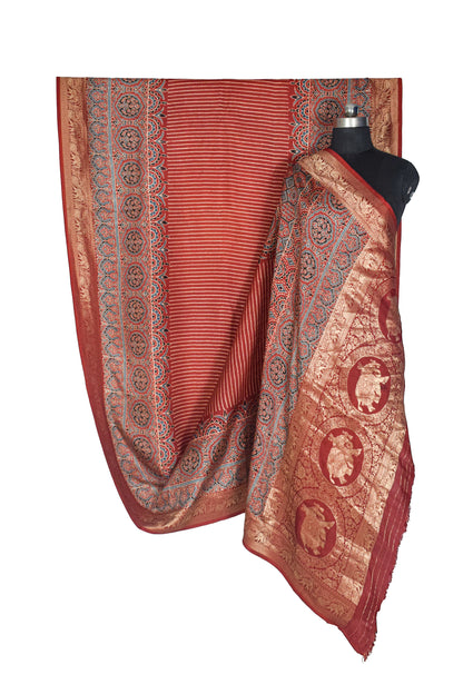 Ajrakh Dola Silk Natural Dye Hand Block Print Saree With Full nakshi Border & Pallu - With Blouse Piece - 5.5 Mtr Length    -  SKU : KK28801A