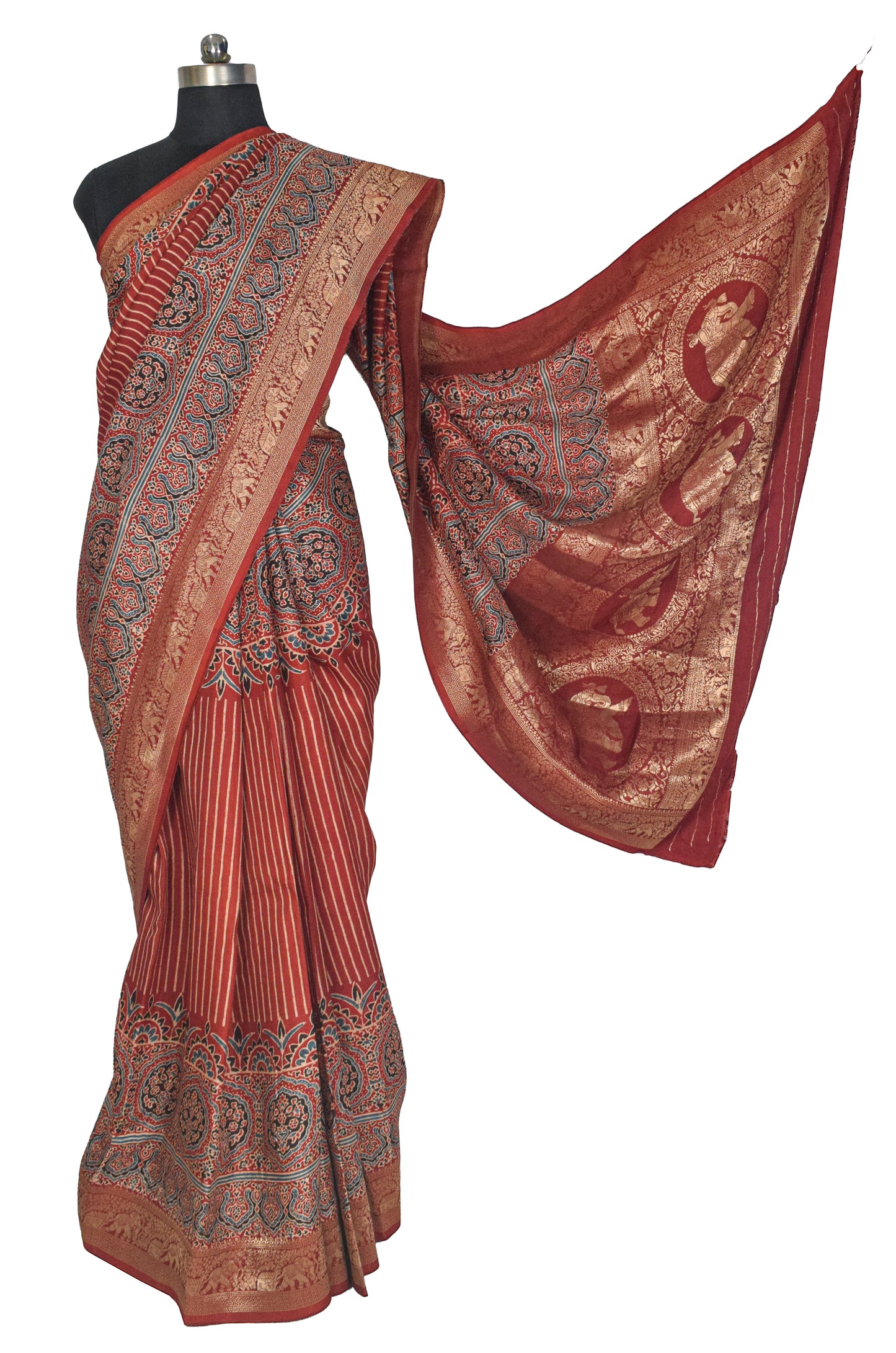 Ajrakh Dola Silk Natural Dye Hand Block Print Saree With Full nakshi Border & Pallu - With Blouse Piece - 5.5 Mtr Length    -  SKU : KK28801A