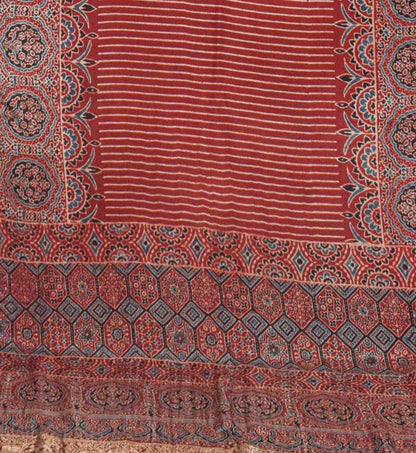 Ajrakh Dola Silk Natural Dye Hand Block Print Saree With Full nakshi Border & Pallu - With Blouse Piece - 5.5 Mtr Length    -  SKU : KK28801A