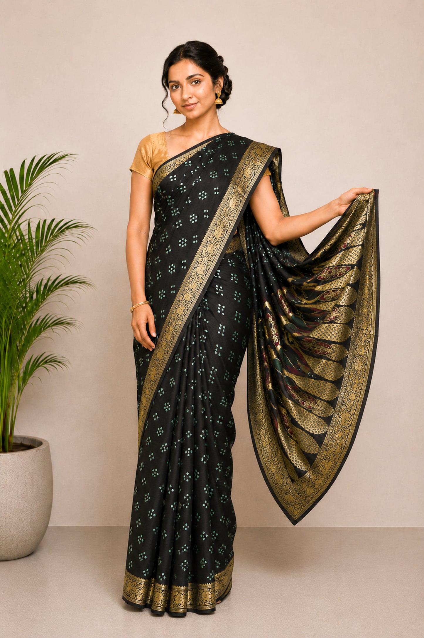 Bandhej [ Tie-Dye] Modal Silk Rai ( Fine) Bandhej Saree With Full nakshi Border & Pallu - 5.5 Mtr Length + 0.85 Mtr Blouse Piece    -  SKU : ZD11B01A