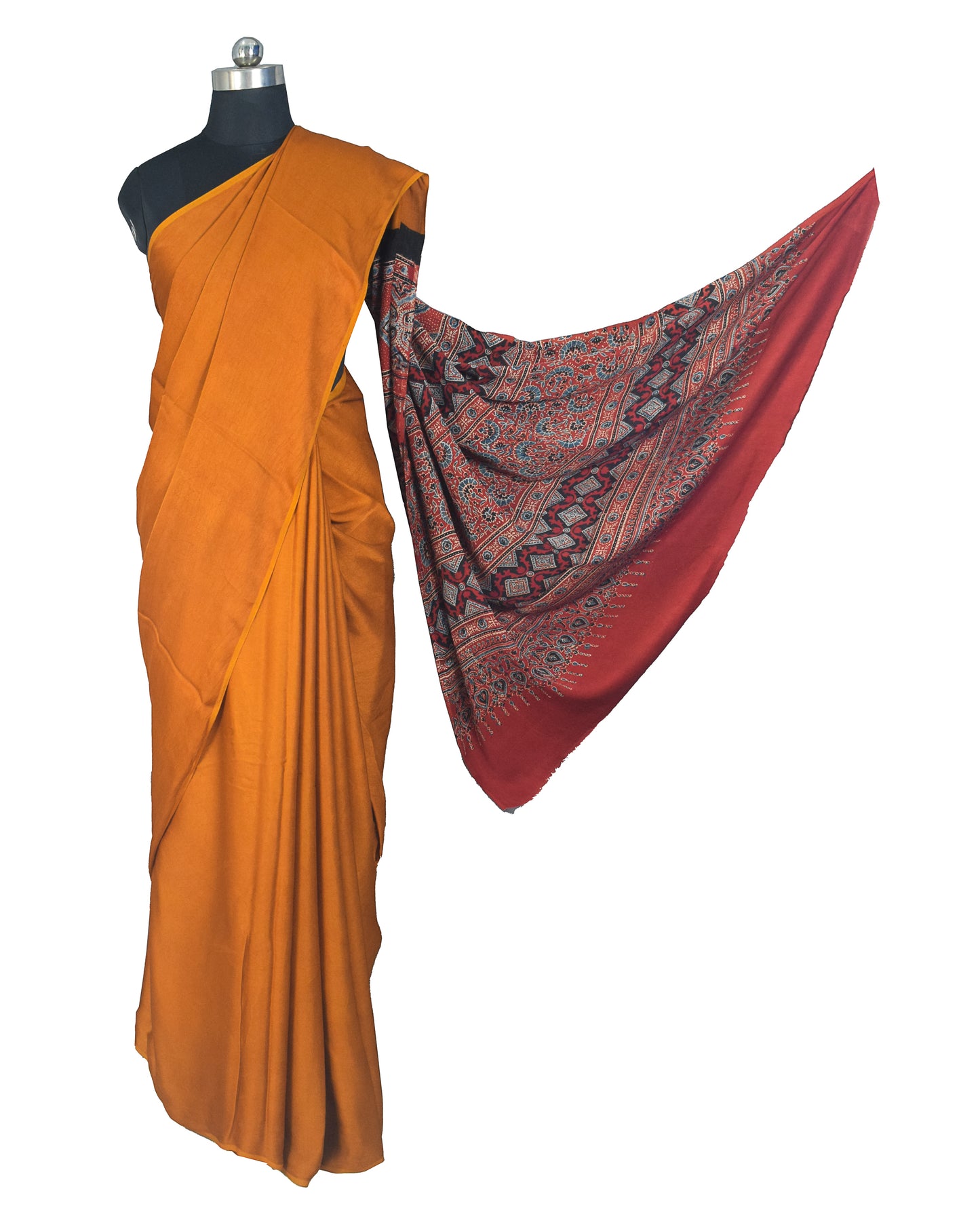 Plain Dyeing Modal Silk Natural Dye Ajrakh Print Pallu Hand Block Print Saree with 5.5 Mtr Length + 0.85 Mtr Blouse Piece    -  SKU : ZD30B02A