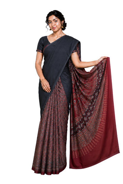 Ajrakh Modal Silk Part Natural Dye Half Plain Dyeing Hand Block Print Saree with 5.5 Mtr Length + 0.85 Mtr Blouse Piece    -  SKU : ZD30B01B
