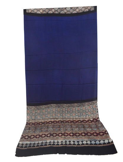 Ajrakh Modal Silk Part Natural Dye Half Plain Dyeing Hand Block Print Saree with Blouse Piece - 5.5 Mtr Length   -  SKU : ZD27701F