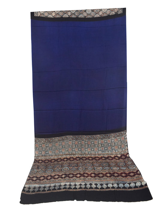 Ajrakh Modal Silk Part Natural Dye Half Plain Dyeing Hand Block Print Saree with Blouse Piece - 5.5 Mtr Length   -  SKU : ZD27701F
