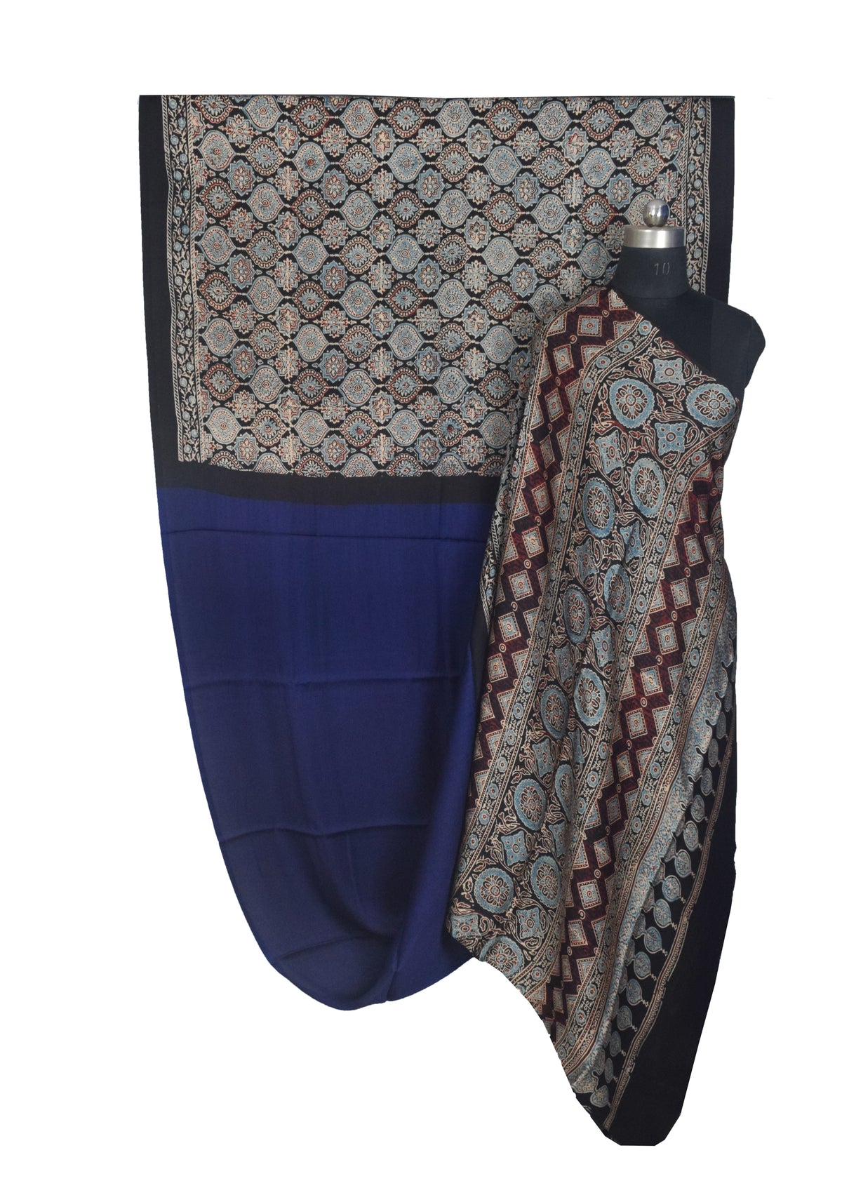 Ajrakh Modal Silk Part Natural Dye Half Plain Dyeing Hand Block Print Saree with Blouse Piece - 5.5 Mtr Length   -  SKU : ZD27701F