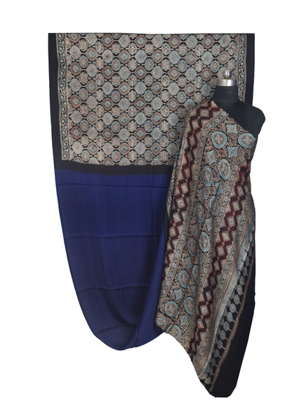 Ajrakh Modal Silk Part Natural Dye Half Plain Dyeing Hand Block Print Saree with Blouse Piece - 5.5 Mtr Length   -  SKU : ZD27701F
