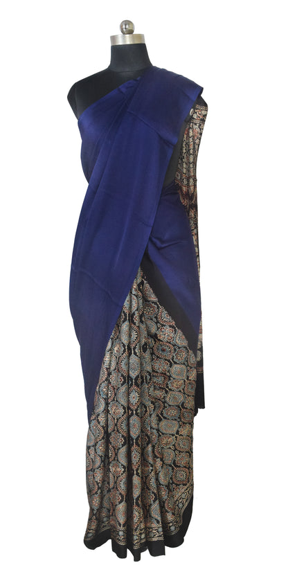 Ajrakh Modal Silk Part Natural Dye Half Plain Dyeing Hand Block Print Saree with Blouse Piece - 5.5 Mtr Length   -  SKU : ZD27701F
