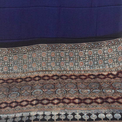 Ajrakh Modal Silk Part Natural Dye Half Plain Dyeing Hand Block Print Saree with Blouse Piece - 5.5 Mtr Length   -  SKU : ZD27701F