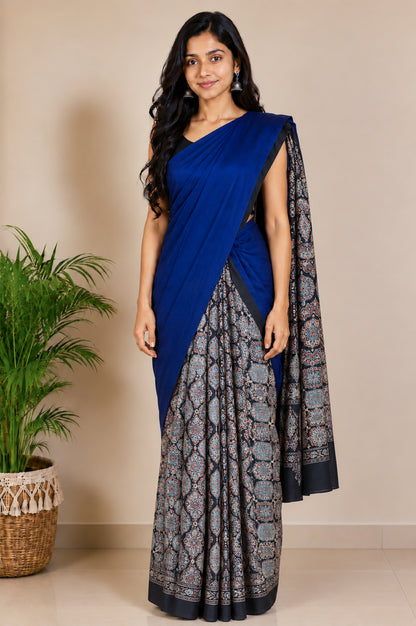 Ajrakh Modal Silk Part Natural Dye Half Plain Dyeing Hand Block Print Saree with Blouse Piece - 5.5 Mtr Length   -  SKU : ZD27701F