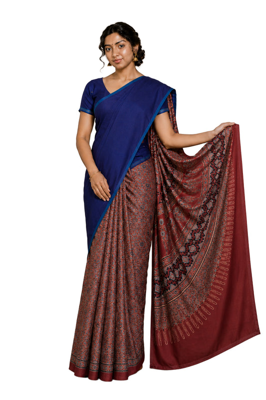 Ajrakh Modal Silk Part Natural Dye Half Plain Dyeing Hand Block Print Saree with 5.5 Mtr Length + 0.85 Mtr Blouse Piece    -  SKU : ZD30B01G