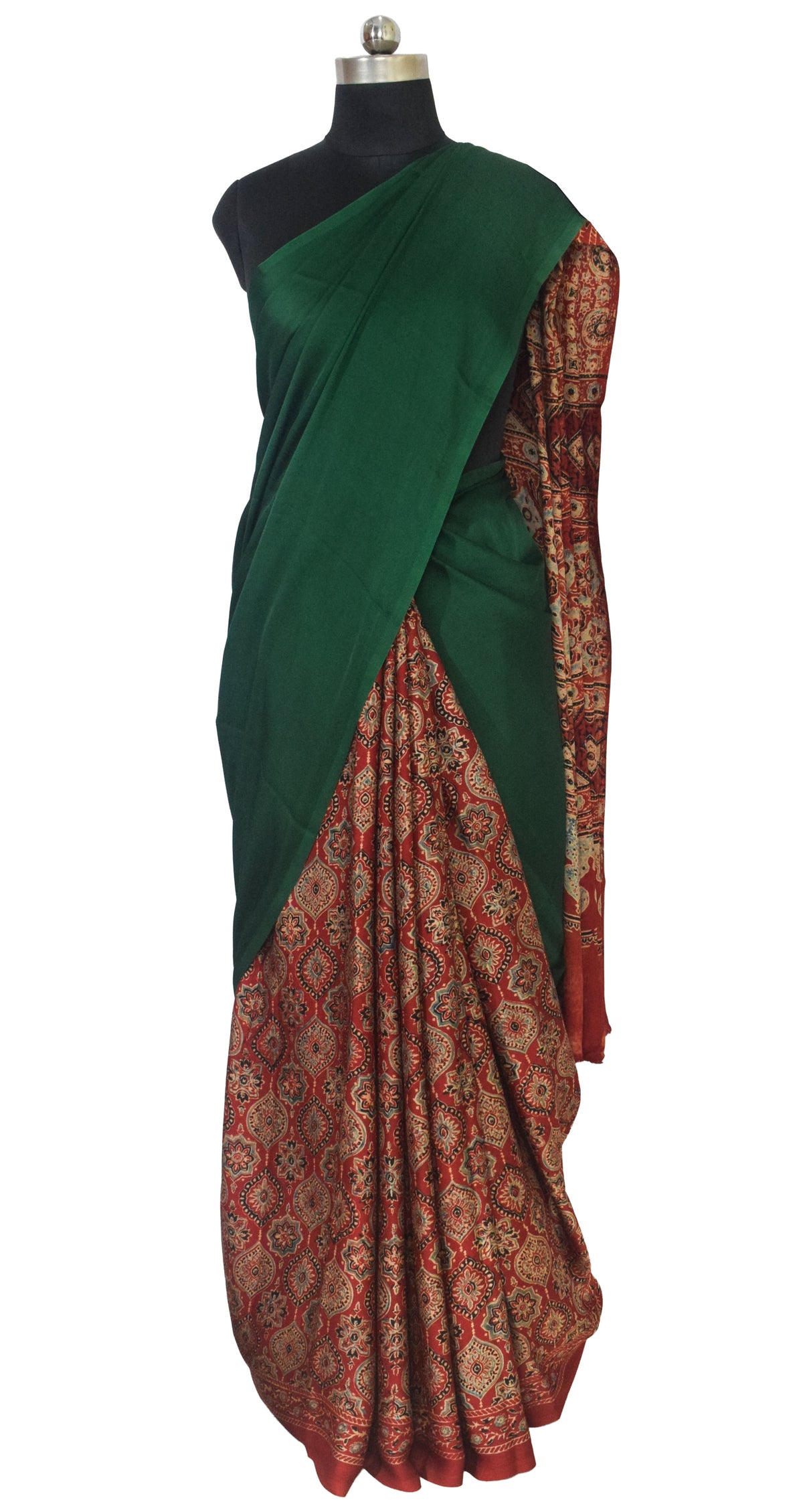 Ajrakh Modal Silk Part Natural Dye Half Plain Dyeing Hand Block Print Saree with Blouse Piece - 5.5 Mtr Length   -  SKU : ZD27701E