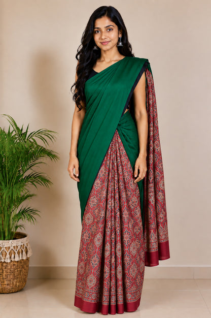 Ajrakh Modal Silk Part Natural Dye Half Plain Dyeing Hand Block Print Saree with Blouse Piece - 5.5 Mtr Length   -  SKU : ZD27701E