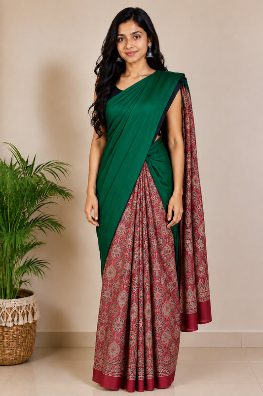 Ajrakh Modal Silk Part Natural Dye Half Plain Dyeing Hand Block Print Saree with Blouse Piece - 5.5 Mtr Length   -  SKU : ZD27701E