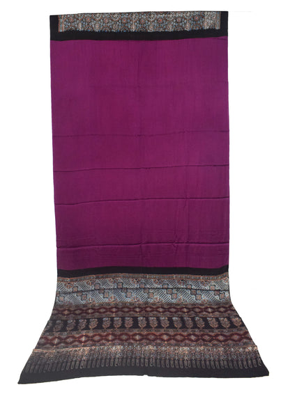 Ajrakh Modal Silk Part Natural Dye Half Plain Dyeing Hand Block Print Saree with Blouse Piece - 5.5 Mtr Length   -  SKU : ZD27701A