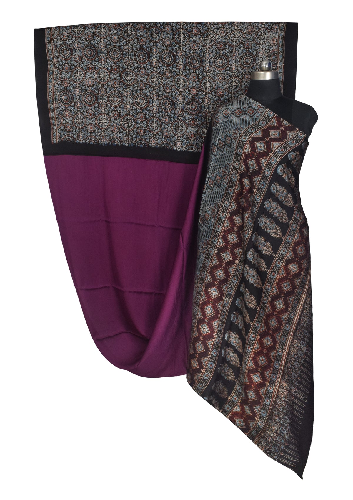 Ajrakh Modal Silk Part Natural Dye Half Plain Dyeing Hand Block Print Saree with Blouse Piece - 5.5 Mtr Length   -  SKU : ZD27701A