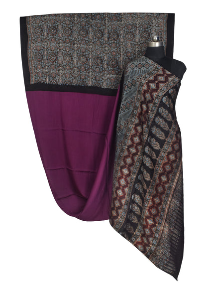 Ajrakh Modal Silk Part Natural Dye Half Plain Dyeing Hand Block Print Saree with Blouse Piece - 5.5 Mtr Length   -  SKU : ZD27701A