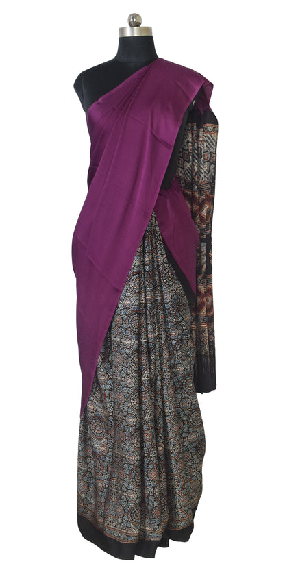 Ajrakh Modal Silk Part Natural Dye Half Plain Dyeing Hand Block Print Saree with Blouse Piece - 5.5 Mtr Length   -  SKU : ZD27701A