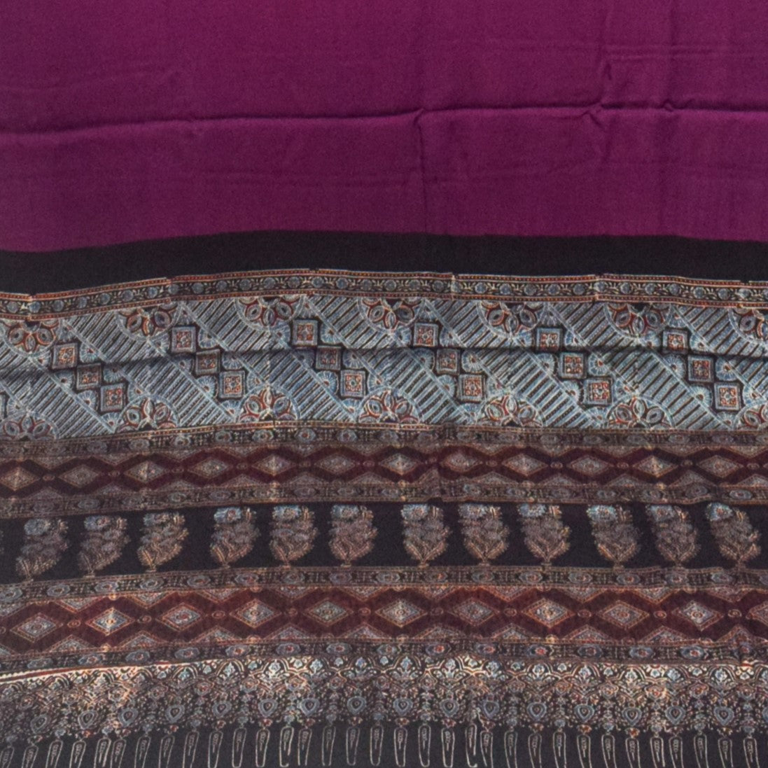 Ajrakh Modal Silk Part Natural Dye Half Plain Dyeing Hand Block Print Saree with Blouse Piece - 5.5 Mtr Length   -  SKU : ZD27701A