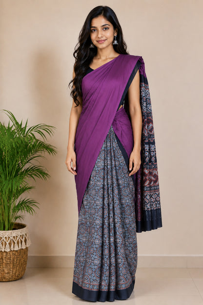 Ajrakh Modal Silk Part Natural Dye Half Plain Dyeing Hand Block Print Saree with Blouse Piece - 5.5 Mtr Length   -  SKU : ZD27701A