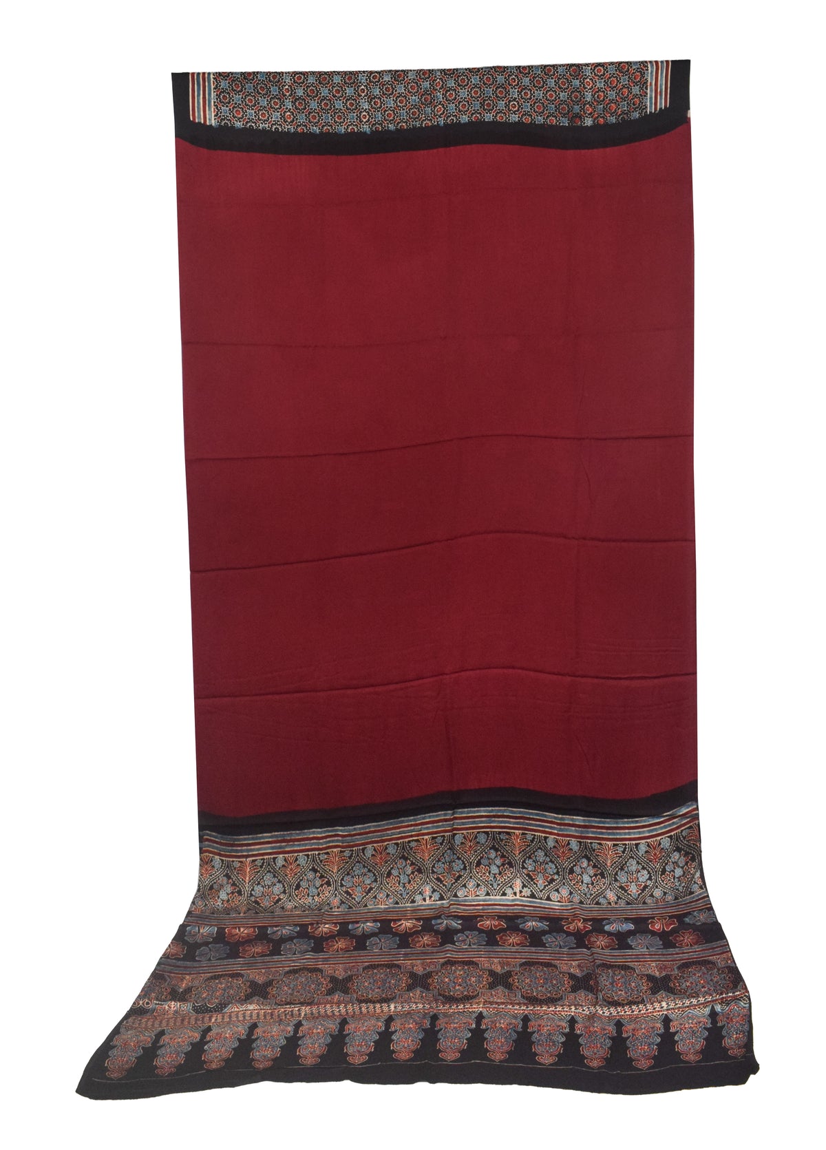 Ajrakh Modal Silk Part Natural Dye Half Plain Dyeing Hand Block Print Saree with Blouse Piece - 5.5 Mtr Length   -  SKU : ZD27701B