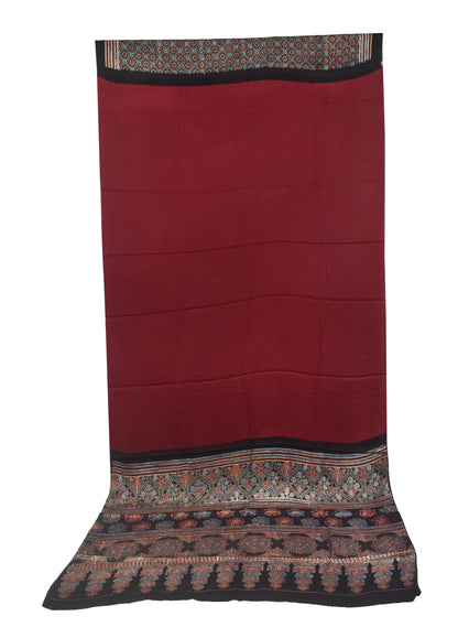 Ajrakh Modal Silk Part Natural Dye Half Plain Dyeing Hand Block Print Saree with Blouse Piece - 5.5 Mtr Length   -  SKU : ZD27701B