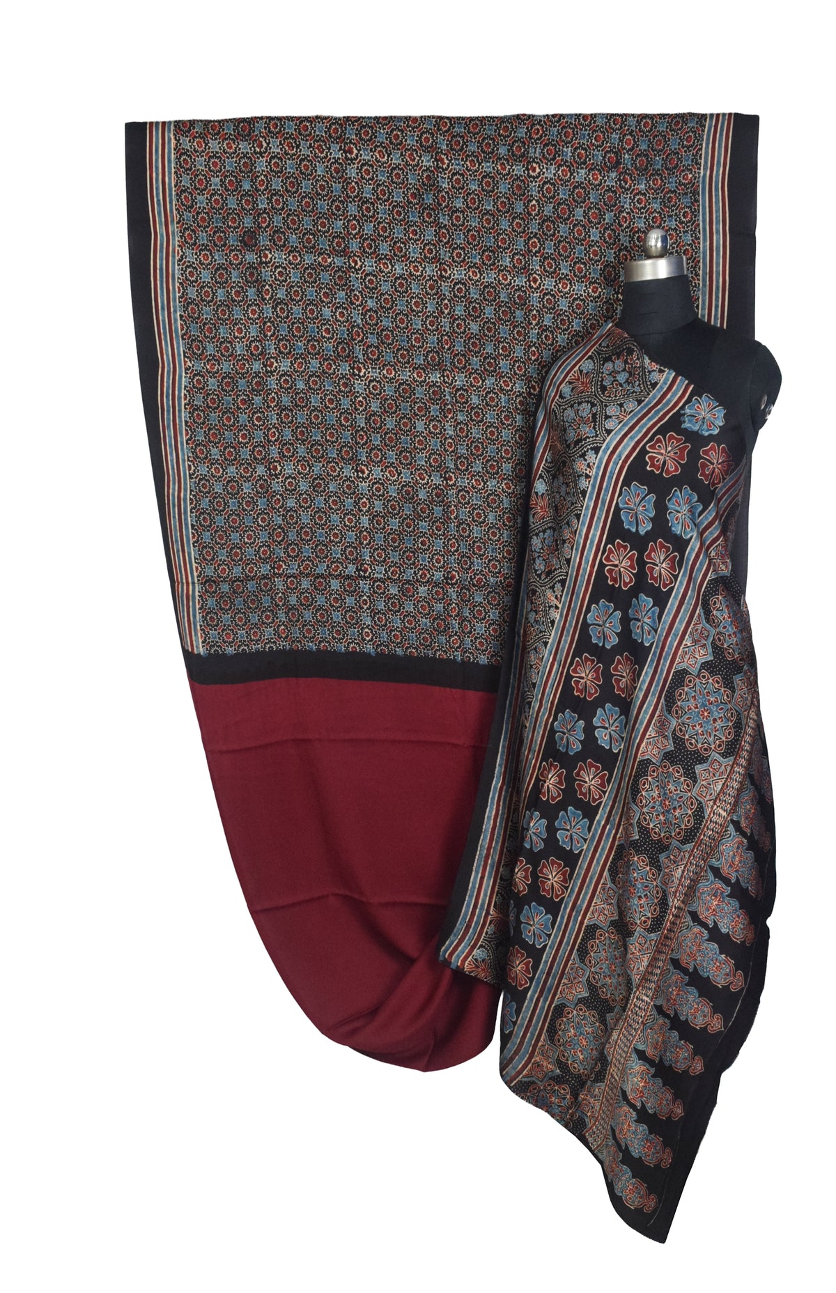 Ajrakh Modal Silk Part Natural Dye Half Plain Dyeing Hand Block Print Saree with Blouse Piece - 5.5 Mtr Length   -  SKU : ZD27701B