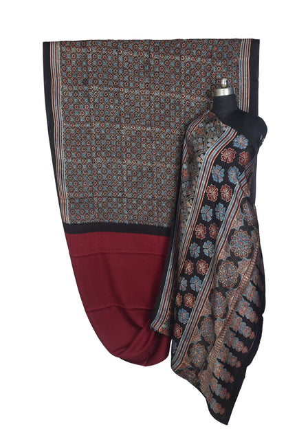 Ajrakh Modal Silk Part Natural Dye Half Plain Dyeing Hand Block Print Saree with Blouse Piece - 5.5 Mtr Length   -  SKU : ZD27701B