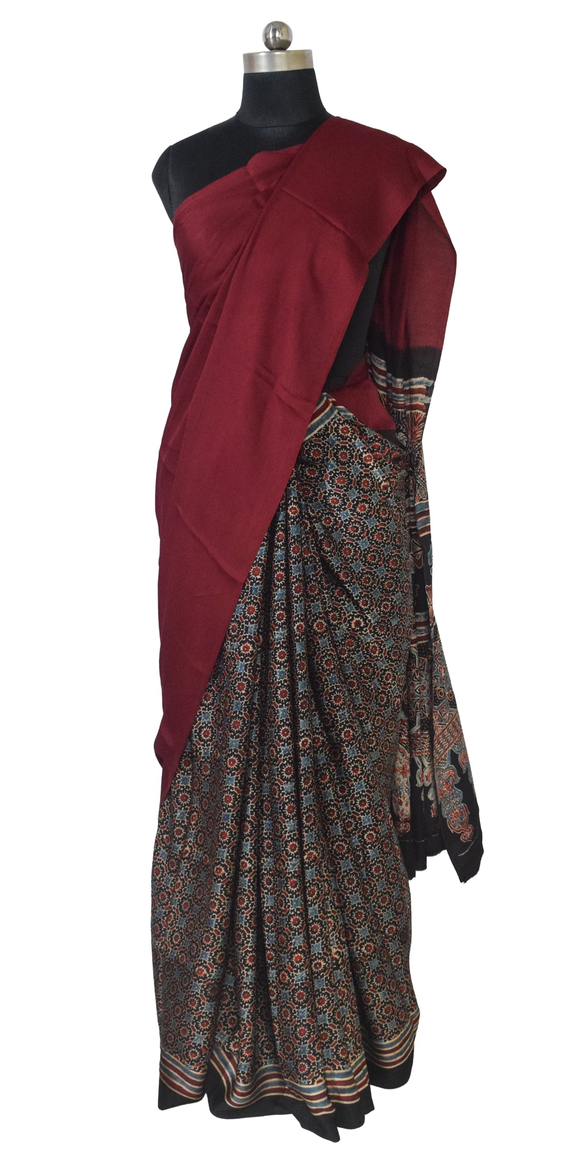 Ajrakh Modal Silk Part Natural Dye Half Plain Dyeing Hand Block Print Saree with Blouse Piece - 5.5 Mtr Length   -  SKU : ZD27701B