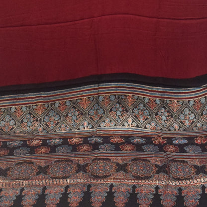 Ajrakh Modal Silk Part Natural Dye Half Plain Dyeing Hand Block Print Saree with Blouse Piece - 5.5 Mtr Length   -  SKU : ZD27701B