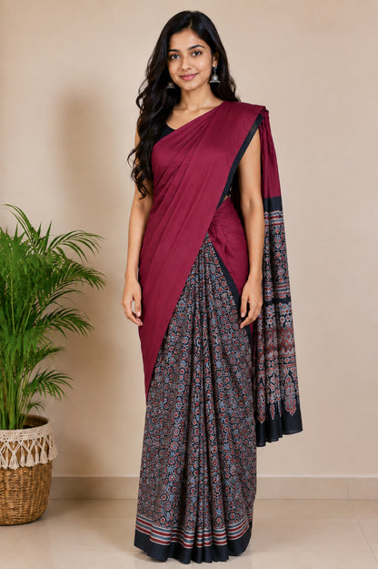 Ajrakh Modal Silk Part Natural Dye Half Plain Dyeing Hand Block Print Saree with Blouse Piece - 5.5 Mtr Length   -  SKU : ZD27701B