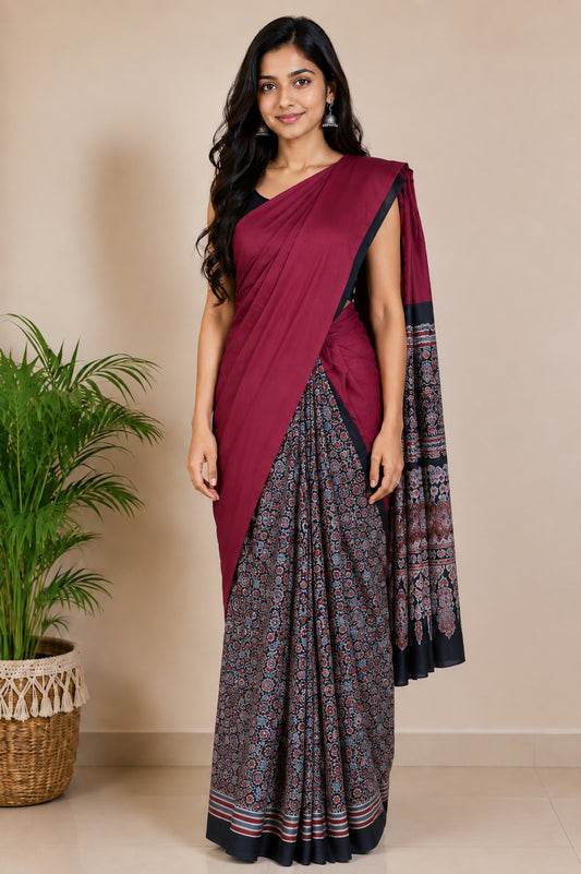 Ajrakh Modal Silk Part Natural Dye Half Plain Dyeing Hand Block Print Saree with Blouse Piece - 5.5 Mtr Length   -  SKU : ZD27701B