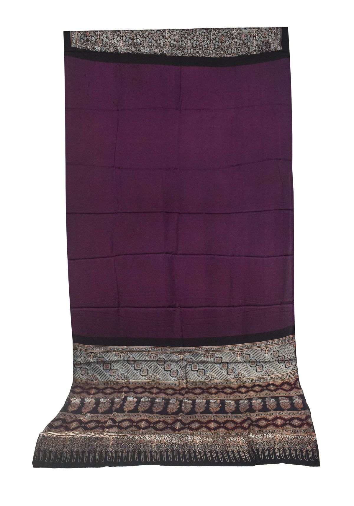 Ajrakh Modal Silk Part Natural Dye Half Plain Dyeing Hand Block Print Saree with Blouse Piece - 5.5 Mtr Length   -  SKU : ZD27701C