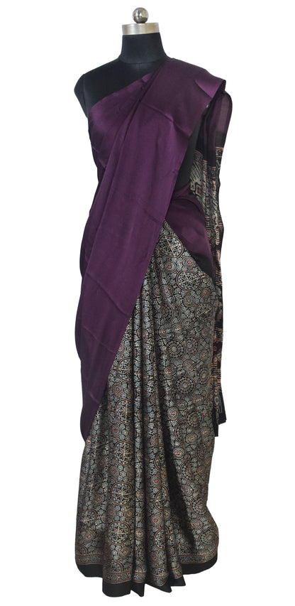 Ajrakh Modal Silk Part Natural Dye Half Plain Dyeing Hand Block Print Saree with Blouse Piece - 5.5 Mtr Length   -  SKU : ZD27701C
