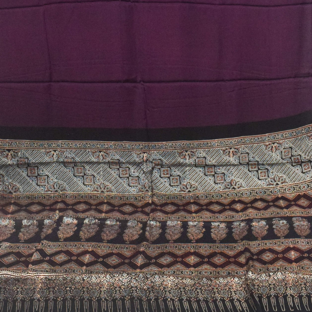 Ajrakh Modal Silk Part Natural Dye Half Plain Dyeing Hand Block Print Saree with Blouse Piece - 5.5 Mtr Length   -  SKU : ZD27701C