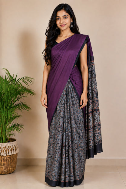 Ajrakh Modal Silk Part Natural Dye Half Plain Dyeing Hand Block Print Saree with Blouse Piece - 5.5 Mtr Length   -  SKU : ZD27701C